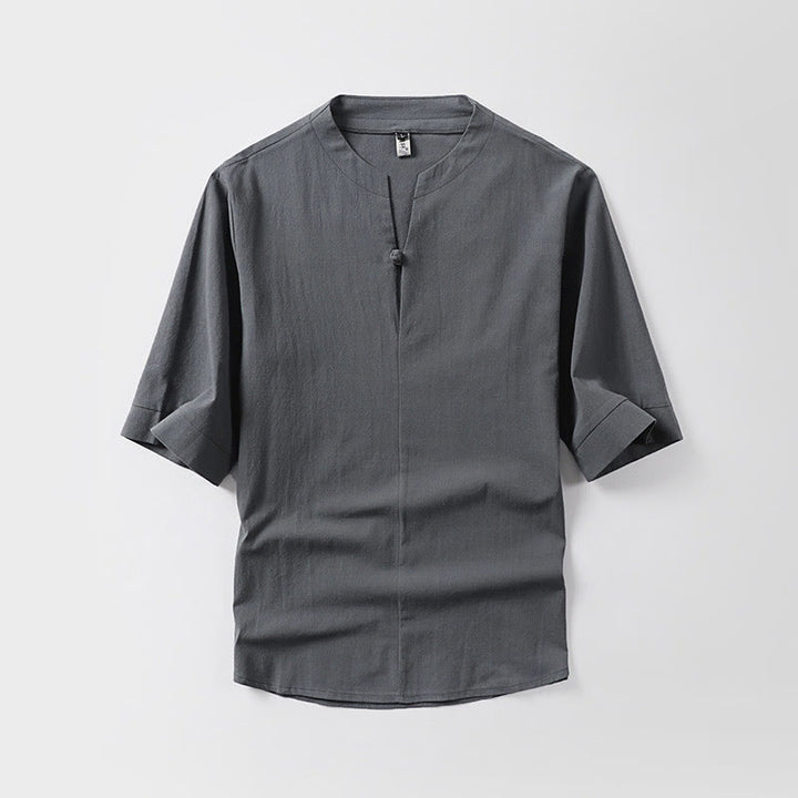 Buddha Stones Casual Plain Color One Button Three Quarter Sleeve Cotton Linen Men's Shirt - Gray - US/UK/AU54，EU64 (9XL) - image 0