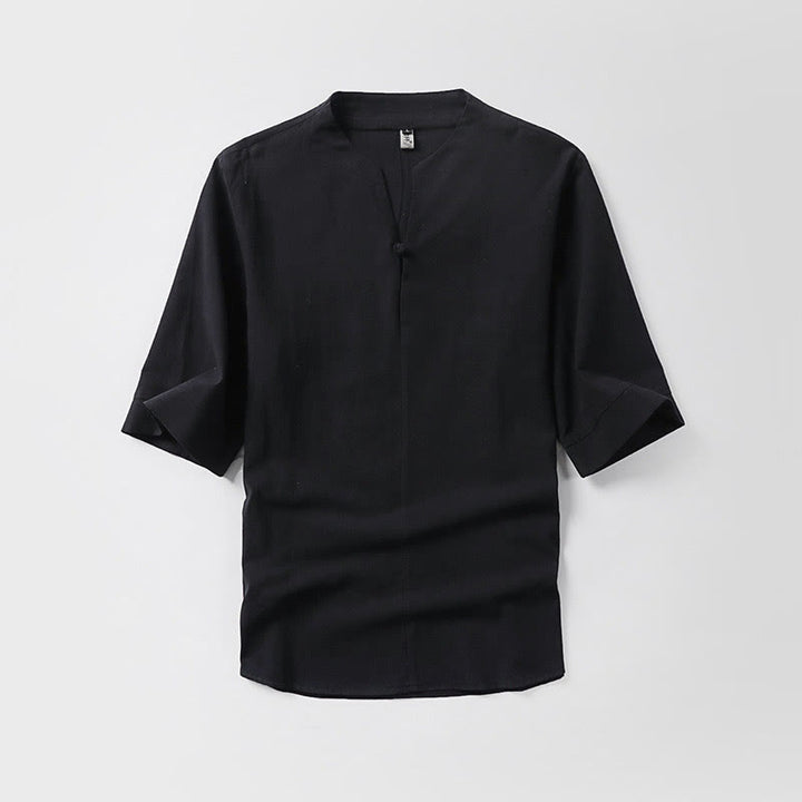 Buddha Stones Casual Plain Color One Button Three Quarter Sleeve Cotton Linen Men's Shirt - Black - US/UK/AU54，EU64 (9XL) - image 2