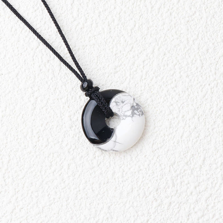 Buddha Stones Natural Black Obsidian White Turquoise Yin Yang Peace Buckle Design Braided String Strength Necklace Pendant