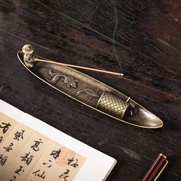 Buddha Stones Fisherman Boat Koi Fish Zinc Alloy Incense Stick Holder Healing Incense Burner Decoration - image 3
