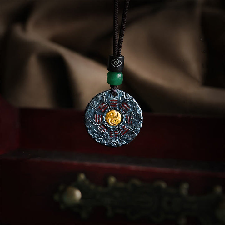 Buddha Stones 999 Sterling Silver 24k Gold Bagua Tai Chi Yin Yang Design Mountain Ghosts Spend Money Harmony Necklace Pendant - 999 Sterling Silver & Cotton Rope Chain - image 0