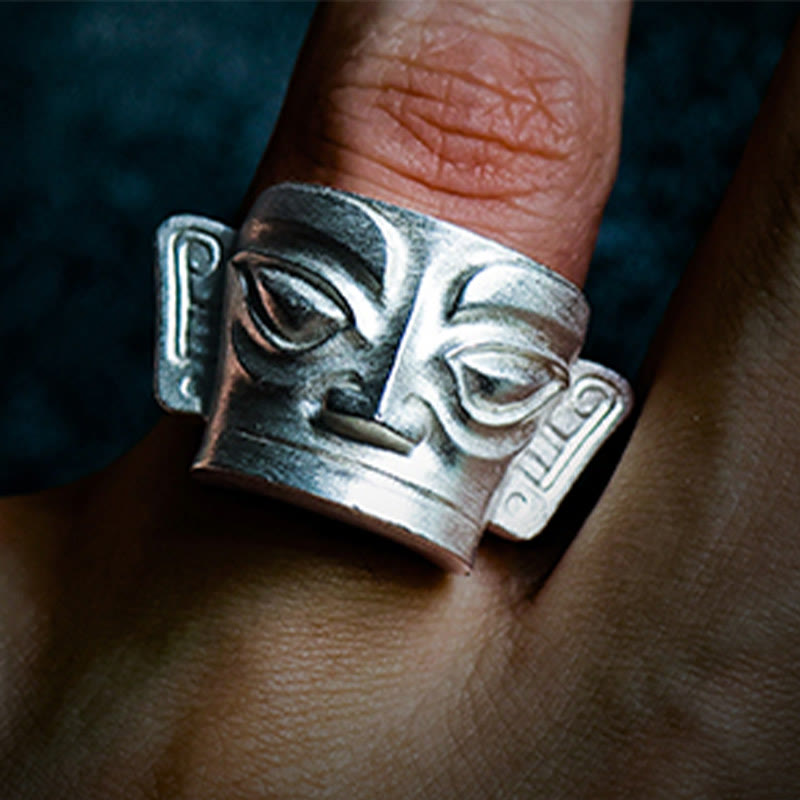 Buddha Stones 999 Sterling Silver Hand Casting Sanxingdui Mask Protection Ring