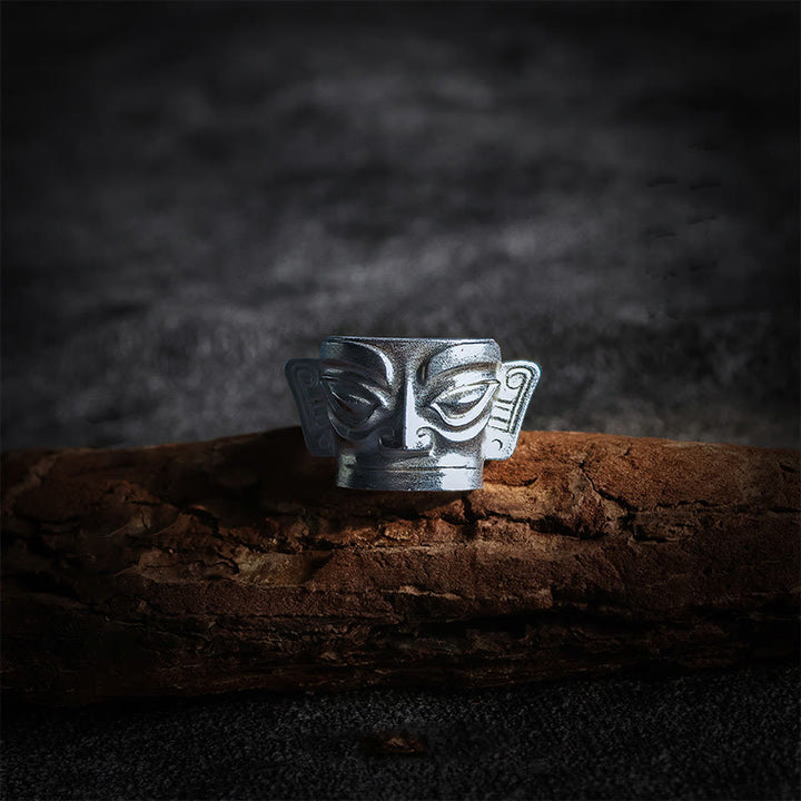 Buddha Stones 999 Sterling Silver Hand Casting Sanxingdui Mask Protection Ring - 999 Sterling Silver - US10 - image 0