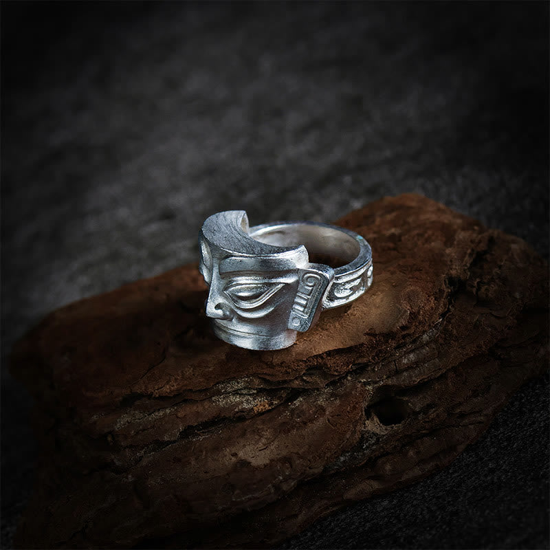 Buddha Stones 999 Sterling Silver Hand Casting Sanxingdui Mask Protection Ring