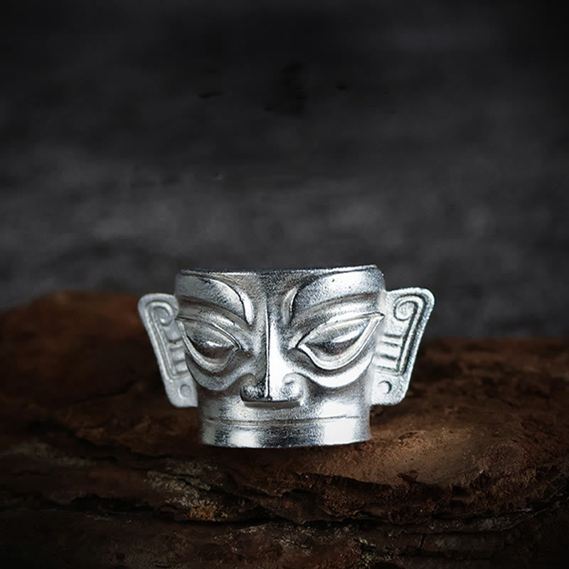 Buddha Stones 999 Sterling Silver Hand Casting Sanxingdui Mask Protection Ring - image 8