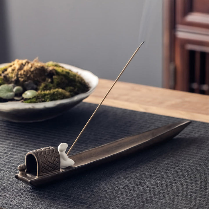 Buddha Stones Fisherman Zen Healing Brown Ceramic Stick Incense Burner Decoration - image 3