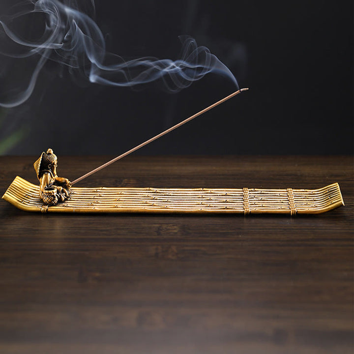 Buddha Stones Fisherman Bamboo Fishing Boat Alloy Incense Stick Holder Healing Incense Burner Decoration