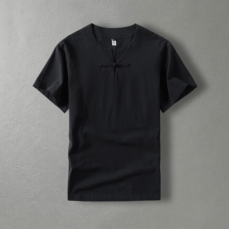 Buddha Stones Casual Plain Color Short Sleeve One Frog Button Cotton Linen Men's Shirt - Black - US/UK/AU54，EU64 (9XL) - image 2