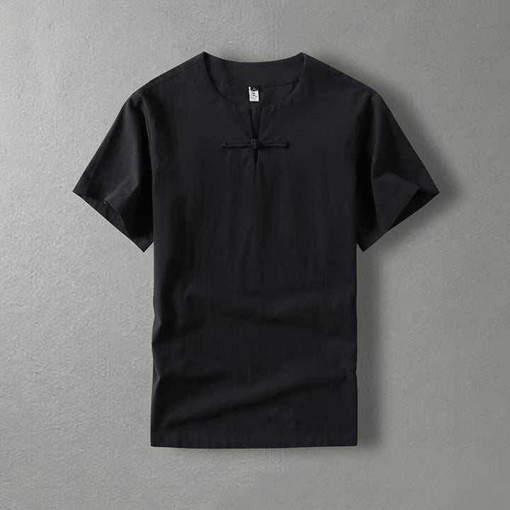 Buddha Stones Casual Plain Color Short Sleeve One Frog Button Cotton Linen Men's Shirt - Black - US/UK/AU54，EU64 (9XL) - image 2