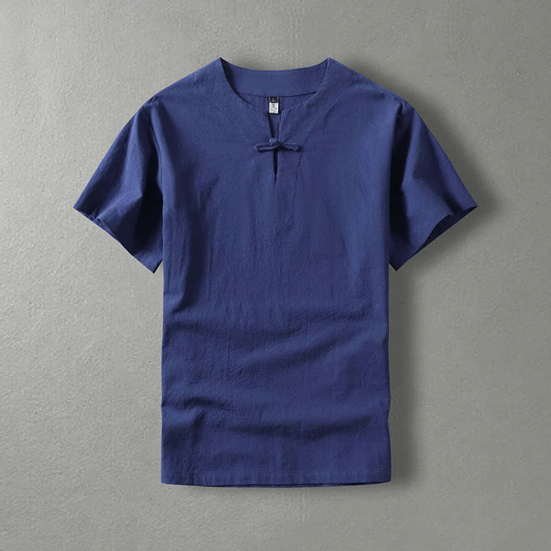 Buddha Stones Casual Plain Color Short Sleeve One Frog Button Cotton Linen Men's Shirt - DarkBlue - US/UK/AU54，EU64 (9XL) - image 3