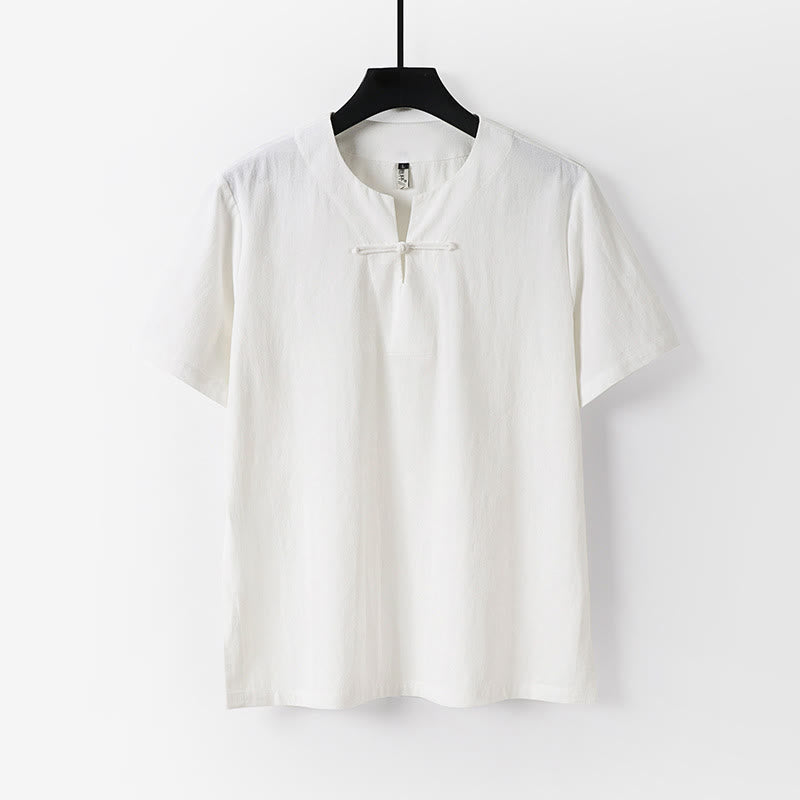 Buddha Stones Solid Color Short Sleeve One Frog Button Cotton Linen Men's Shirt - White - US/UK/AU54，EU64 (9XL) - image 1