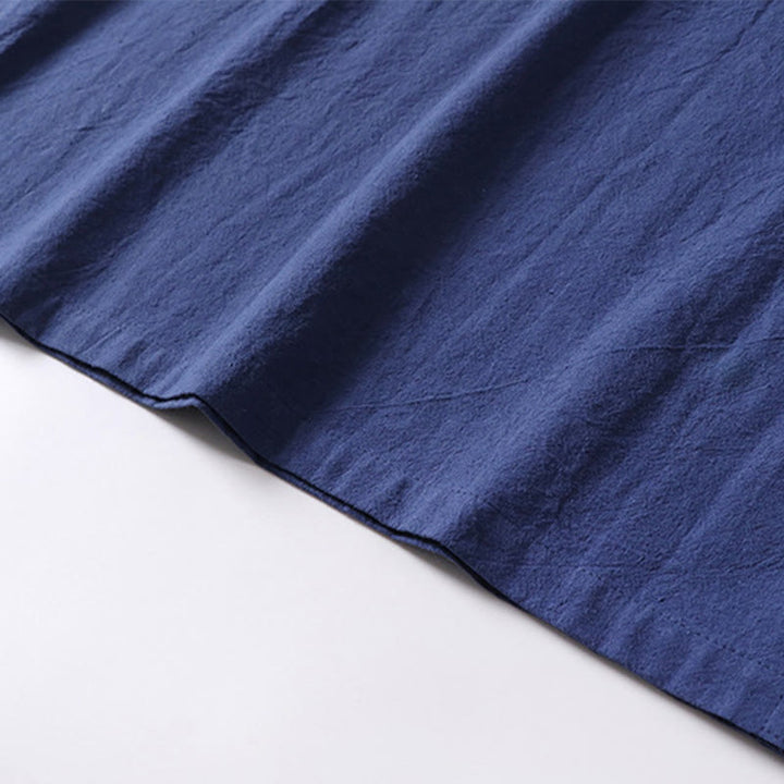 Buddha Stones Solid Color Short Sleeve One Frog Button Cotton Linen Men's Shirt - image 9