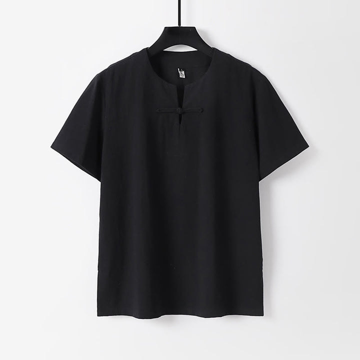 Buddha Stones Solid Color Short Sleeve One Frog Button Cotton Linen Men's Shirt - Black - US/UK/AU54，EU64 (9XL) - image 2