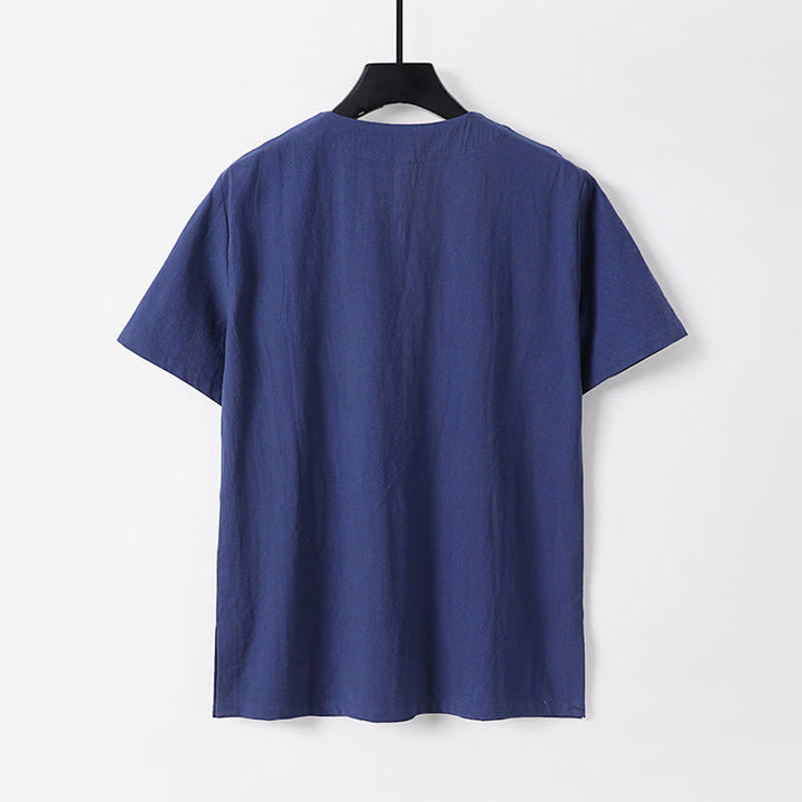 Buddha Stones Solid Color Short Sleeve One Frog Button Cotton Linen Men's Shirt - image 4