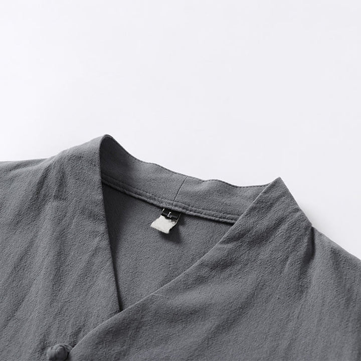 Buddha Stones Casual Plain Color Two Buttons V-neck Three Quarter Sleeve Cotton Men's Shirt - image 5