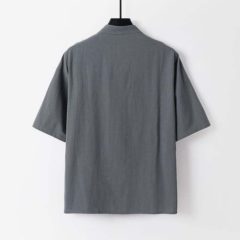 Buddha Stones Casual Plain Color Two Buttons V-neck Three Quarter Sleeve Cotton Men's Shirt - image 3