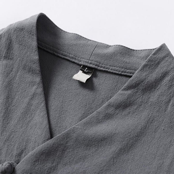 Buddha Stones Casual Plain Color Two Buttons V-neck Three Quarter Sleeve Cotton Men's Shirt - image 6