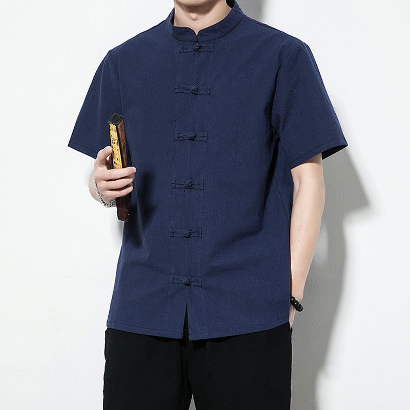 Buddha Stones Casual Solid Color Front Frog Buttons Chinese Tang Suit Short Sleeve Linen Men's Shirt - image 7