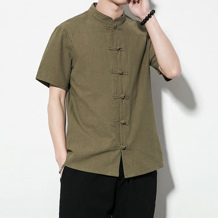 Buddha Stones Casual Solid Color Front Frog Buttons Chinese Tang Suit Short Sleeve Linen Men's Shirt