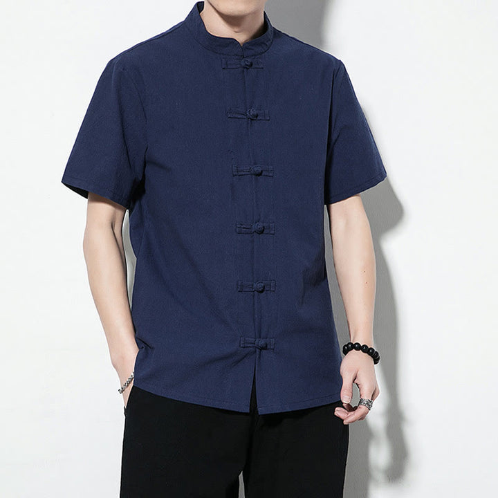 Buddha Stones Casual Solid Color Front Frog Buttons Chinese Tang Suit Short Sleeve Linen Men's Shirt