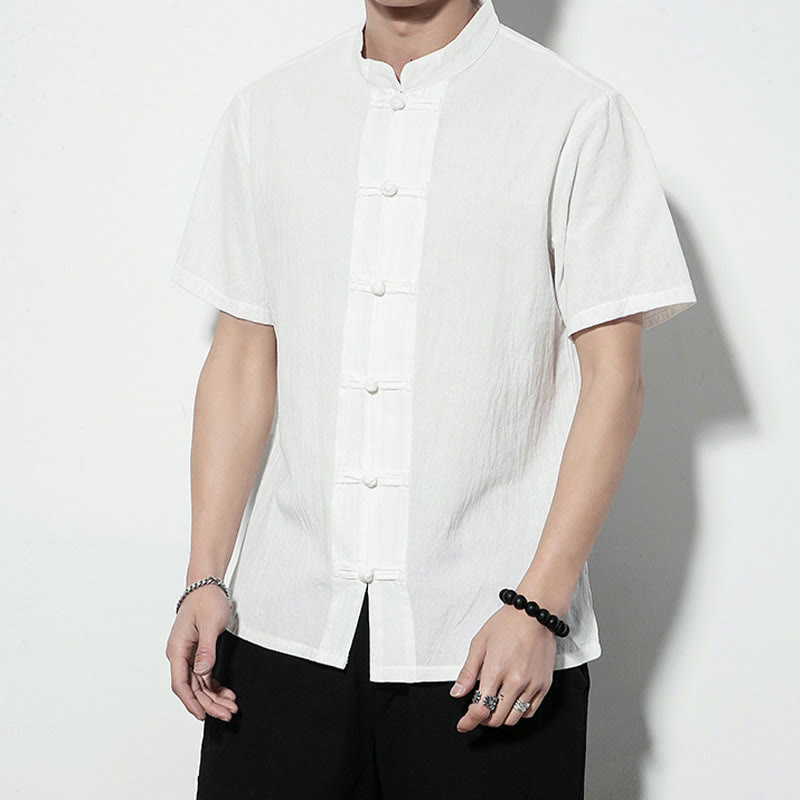 Buddha Stones Casual Solid Color Front Frog Buttons Chinese Tang Suit Short Sleeve Linen Men's Shirt - image 10