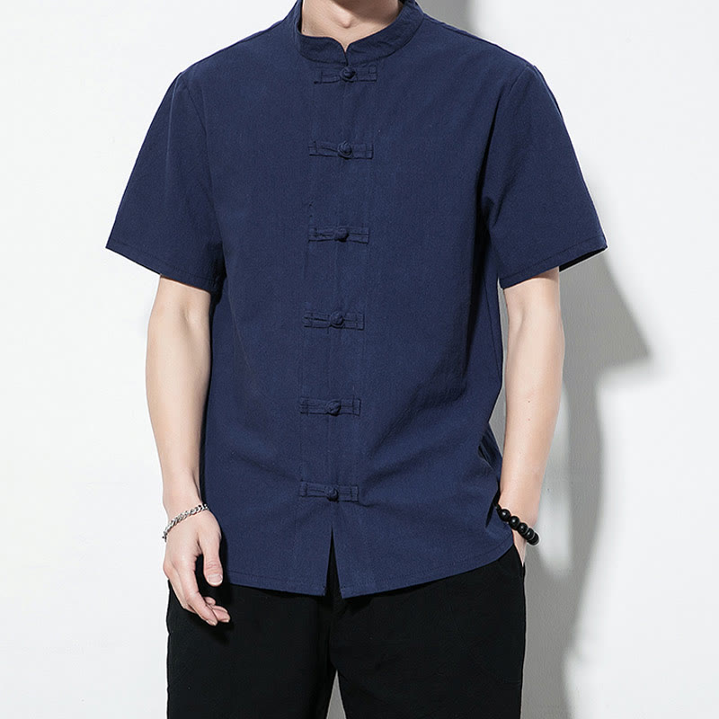 Buddha Stones Casual Solid Color Front Frog Buttons Chinese Tang Suit Short Sleeve Linen Men's Shirt - image 1