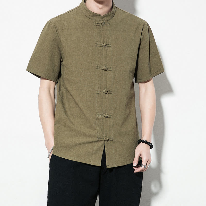 Buddha Stones Casual Solid Color Front Frog Buttons Chinese Tang Suit Short Sleeve Linen Men's Shirt