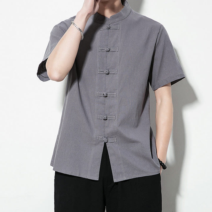 Buddha Stones Casual Solid Color Front Frog Buttons Chinese Tang Suit Short Sleeve Linen Men's Shirt