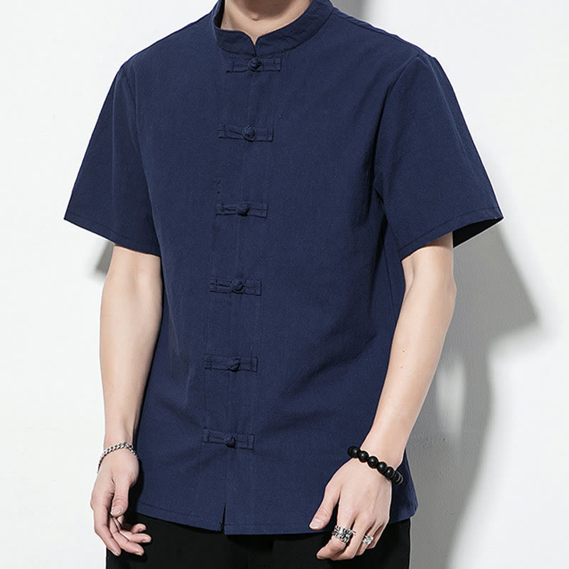 Buddha Stones Casual Solid Color Front Frog Buttons Chinese Tang Suit Short Sleeve Linen Men's Shirt