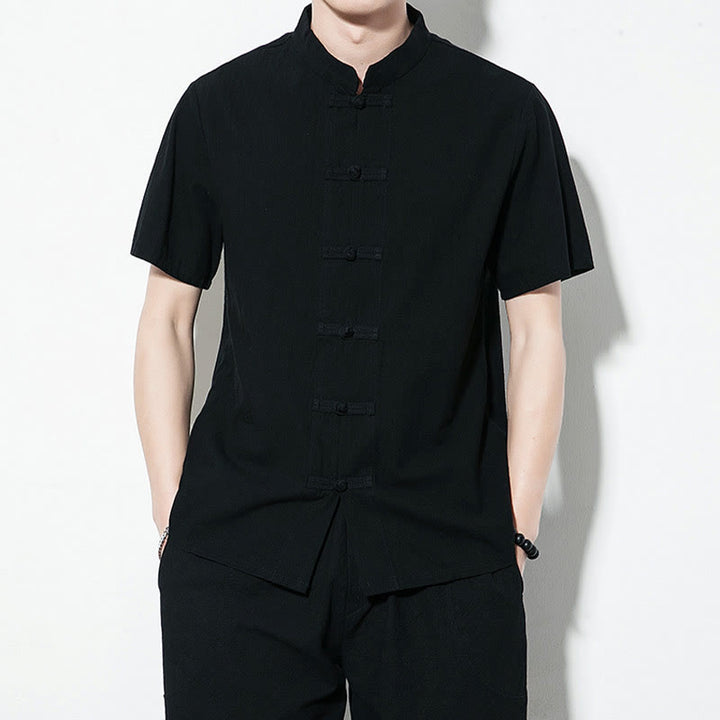 Buddha Stones Casual Solid Color Front Frog Buttons Chinese Tang Suit Short Sleeve Linen Men's Shirt - Black - US/UK/AU46，EU56 (5XL) - image 17