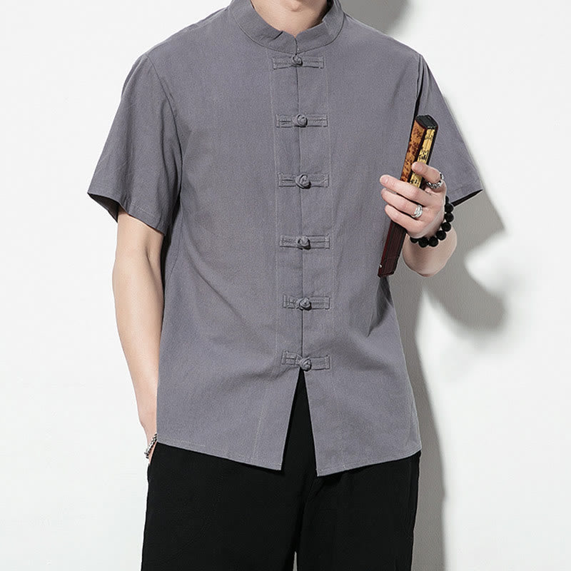 Buddha Stones Casual Solid Color Front Frog Buttons Chinese Tang Suit Short Sleeve Linen Men's Shirt - image 28