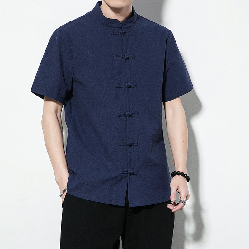 Buddha Stones Casual Solid Color Front Frog Buttons Chinese Tang Suit Short Sleeve Linen Men's Shirt - image 2