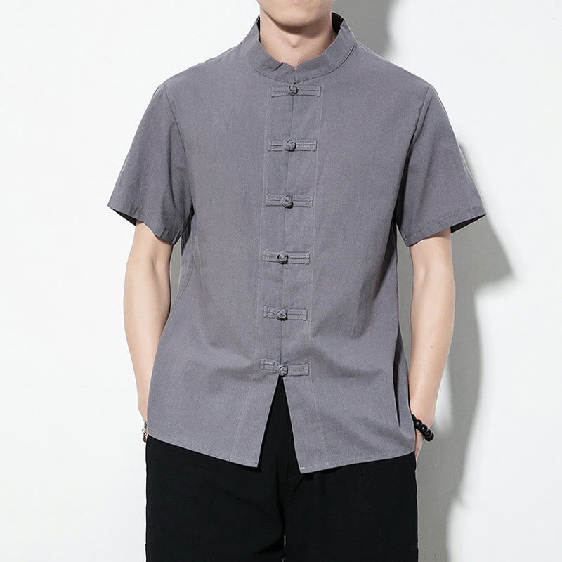 Buddha Stones Casual Solid Color Front Frog Buttons Chinese Tang Suit Short Sleeve Linen Men's Shirt - Gray - US/UK/AU46，EU56 (5XL) - image 22