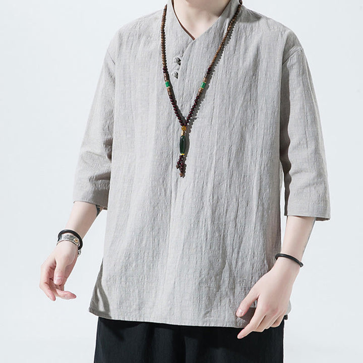 Buddha Stones Casual Solid Color Two Buttons V-neck Three Quarter Sleeve Cotton Linen Men's Shirt