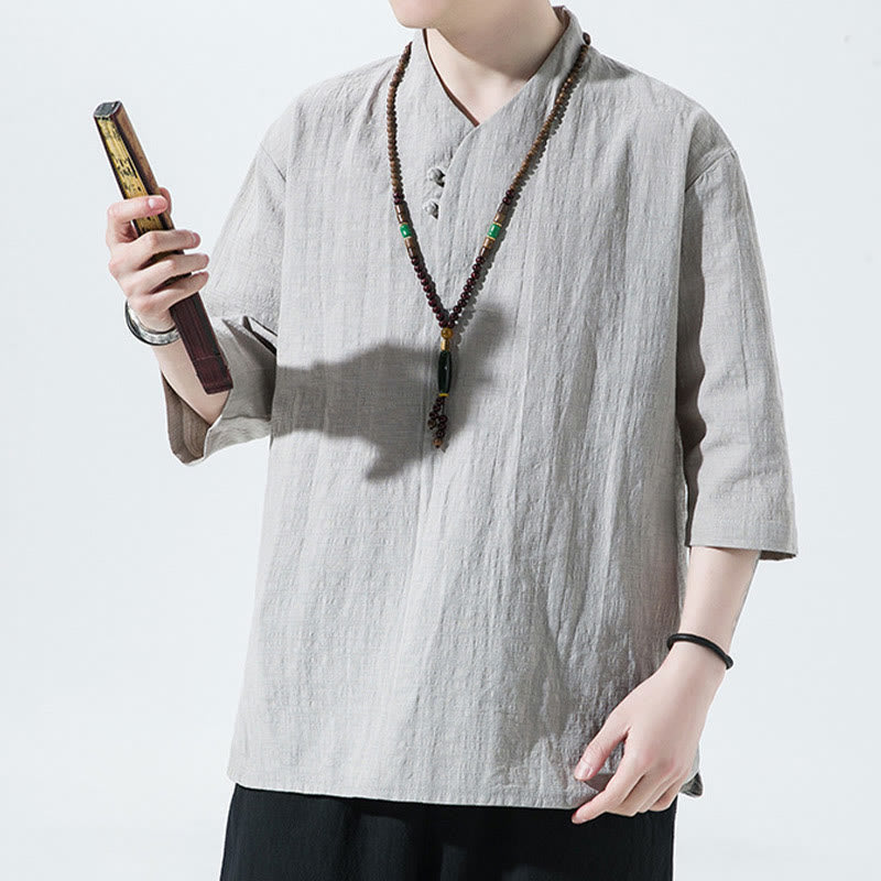 Buddha Stones Casual Solid Color Two Buttons V-neck Three Quarter Sleeve Cotton Linen Men's Shirt - image 7