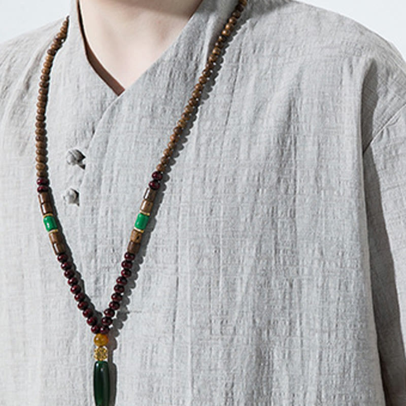 Buddha Stones Casual Solid Color Two Buttons V-neck Three Quarter Sleeve Cotton Linen Men's Shirt - image 9