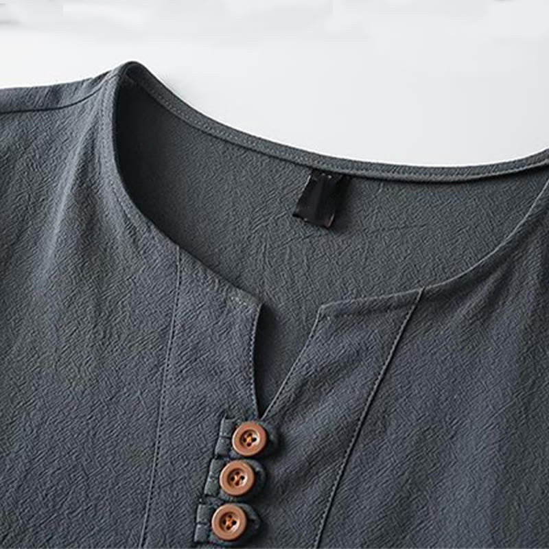 Buddha Stones Solid Color V-neck Three Top Buttons Short Sleeve Cotton linen Men's Shirt - image 5