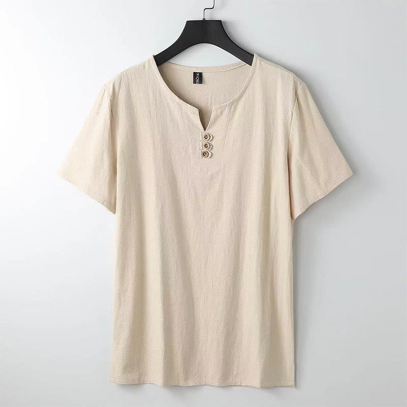 Buddha Stones Solid Color V-neck Three Top Buttons Short Sleeve Cotton linen Men's Shirt - Wheat - US/UK/AU44，EU54 (5XL) - image 1