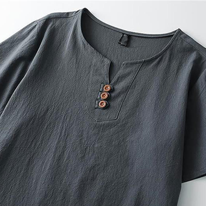 Buddha Stones Solid Color V-neck Three Top Buttons Short Sleeve Cotton linen Men's Shirt - image 4