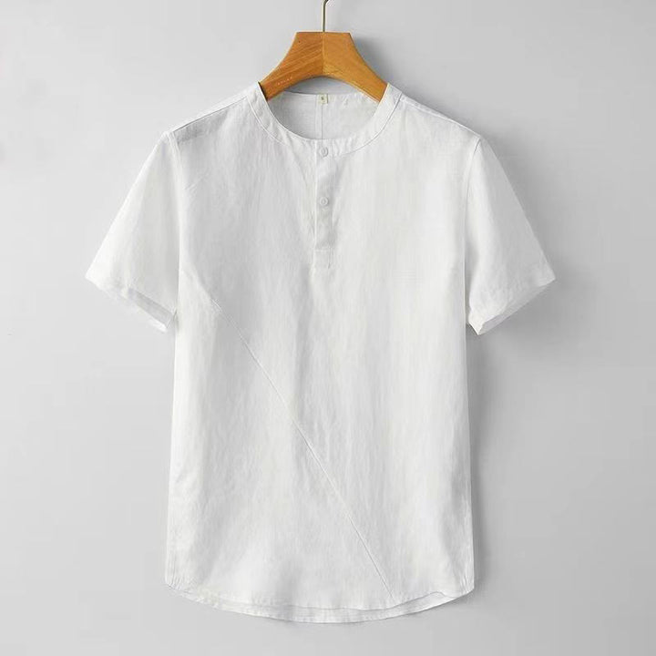 Buddha Stones Solid Color Short Sleeve Two Top Buttons Cotton Linen Men's Shirt - White - US/UK/AU44，EU54 (4XL) - image 2