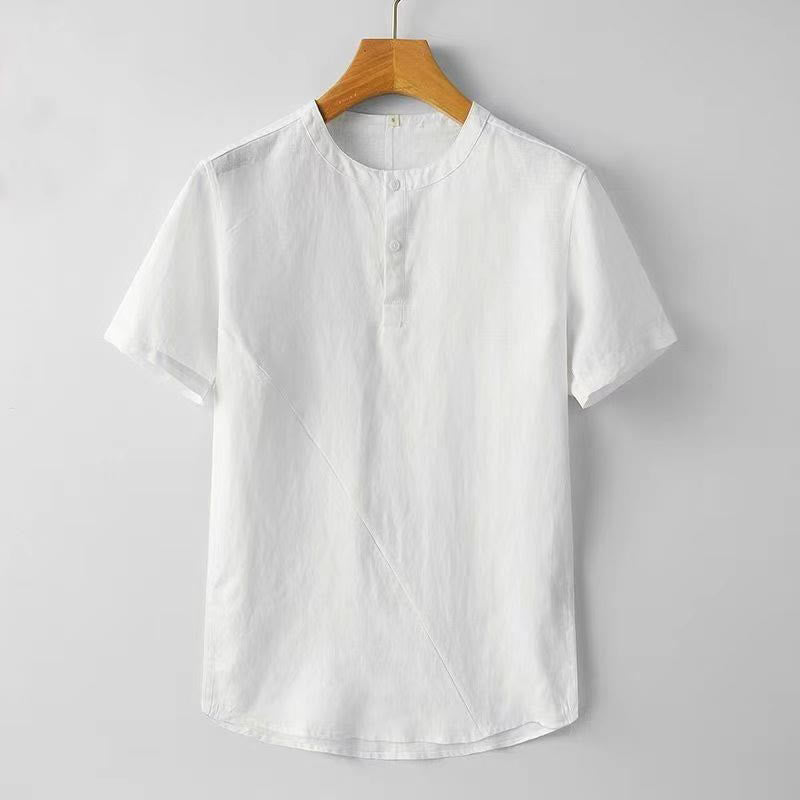 Buddha Stones Solid Color Short Sleeve Two Top Buttons Polyseter Linen Men's Shirt - White - US/UK/AU44，EU54 (4XL) - image 2