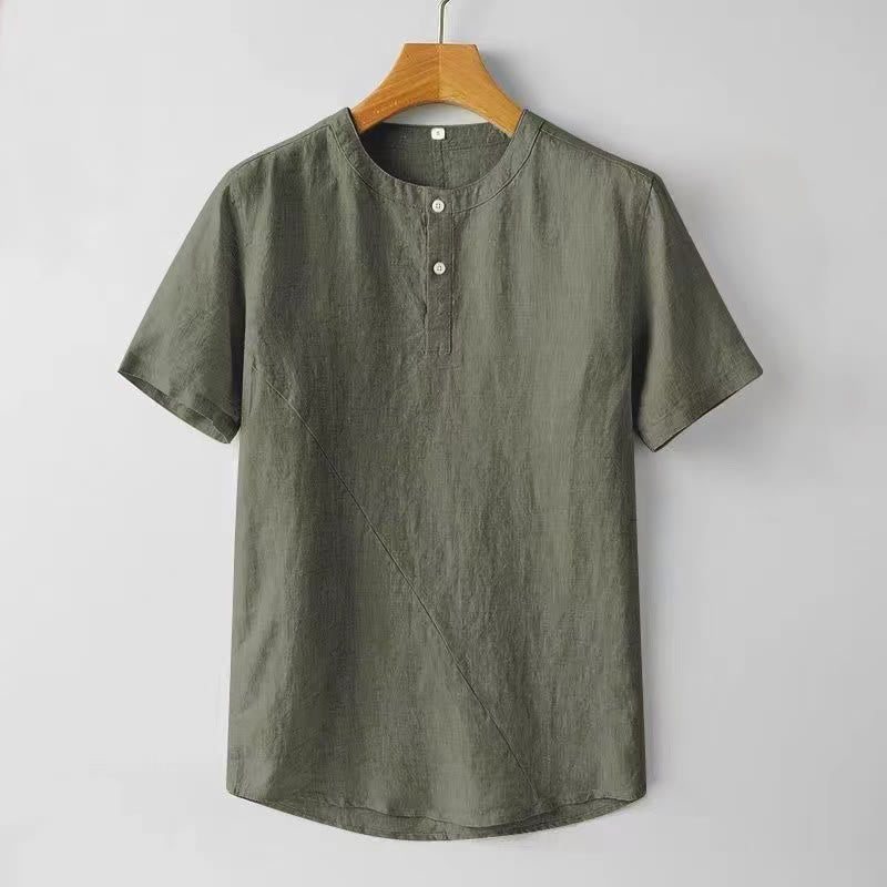 Buddha Stones Solid Color Short Sleeve Two Top Buttons Polyseter Linen Men's Shirt - Olive - US/UK/AU44，EU54 (4XL) - image 10