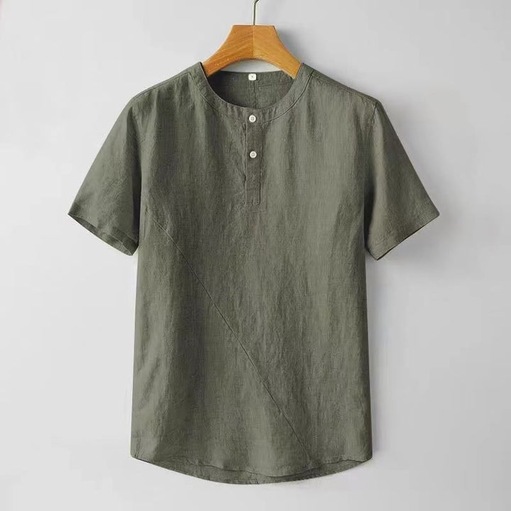 Buddha Stones Solid Color Short Sleeve Two Top Buttons Polyseter Linen Men's Shirt - Olive - US/UK/AU44，EU54 (4XL) - image 10