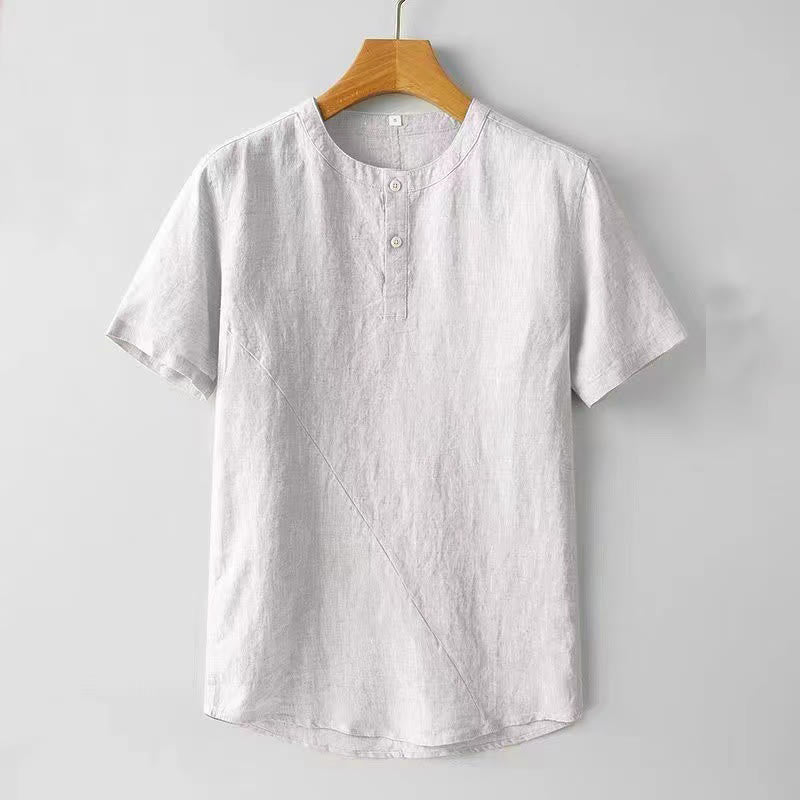 Buddha Stones Solid Color Short Sleeve Two Top Buttons Cotton Linen Men's Shirt - WhiteSmoke - US/UK/AU44，EU54 (4XL) - image 3