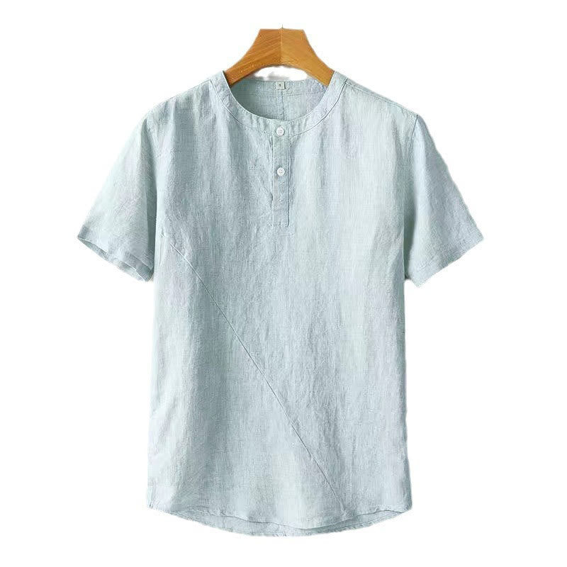 Buddha Stones Solid Color Short Sleeve Two Top Buttons Cotton Linen Men's Shirt