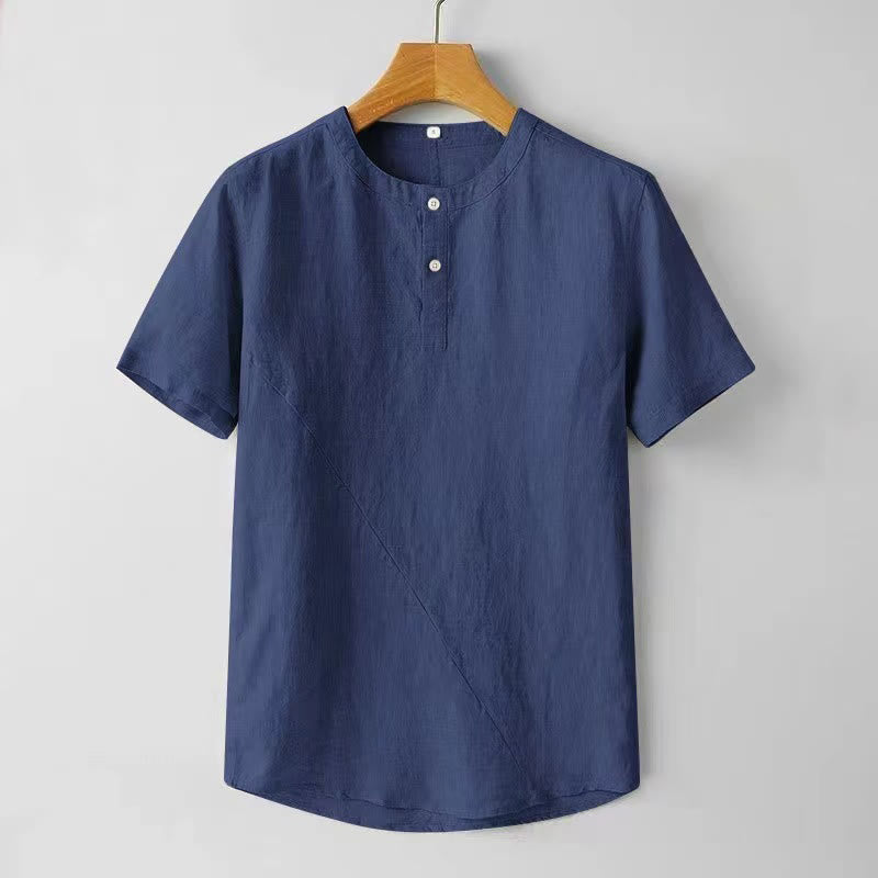 Buddha Stones Solid Color Short Sleeve Two Top Buttons Polyseter Linen Men's Shirt - DarkBlue - US/UK/AU44，EU54 (4XL) - image 0