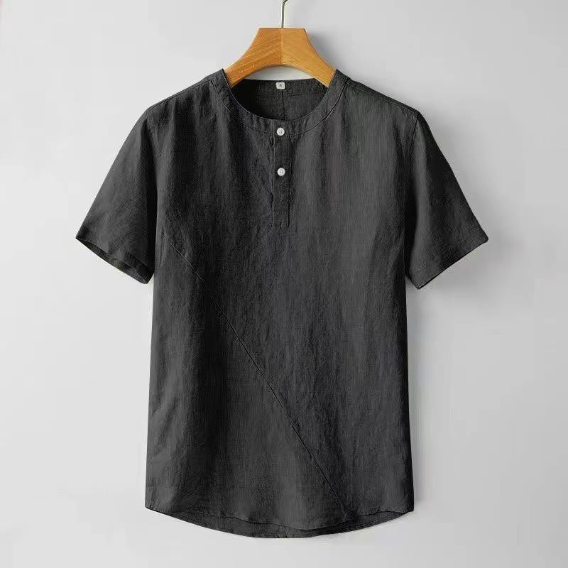 Buddha Stones Solid Color Short Sleeve Two Top Buttons Cotton Linen Men's Shirt - Black - US/UK/AU44，EU54 (4XL) - image 4