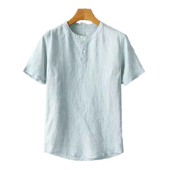 Buddha Stones Solid Color Short Sleeve Two Top Buttons Cotton Linen Men's Shirt - image 9