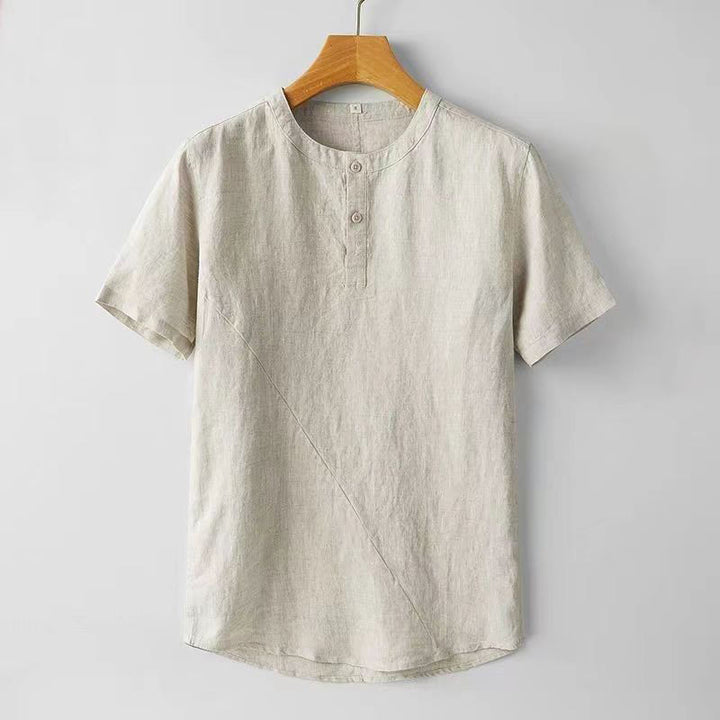 Buddha Stones Solid Color Short Sleeve Two Top Buttons Cotton Linen Men's Shirt - Beige - US/UK/AU44，EU54 (4XL) - image 6