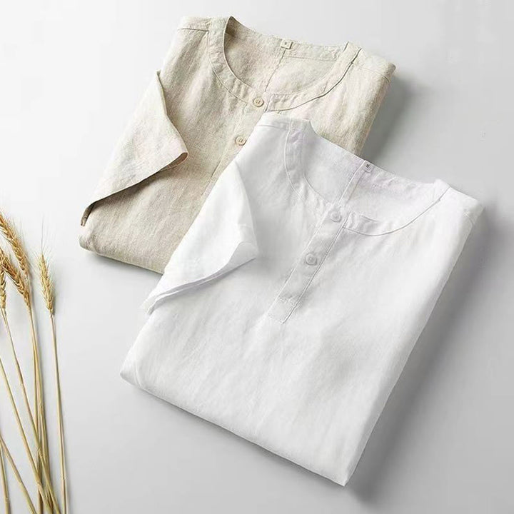 Buddha Stones Solid Color Short Sleeve Two Top Buttons Cotton Linen Men's Shirt - image 1